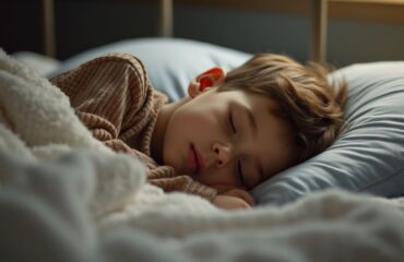 a young boy sleeoing in his bed