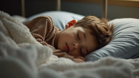 a young boy sleeoing in his bed